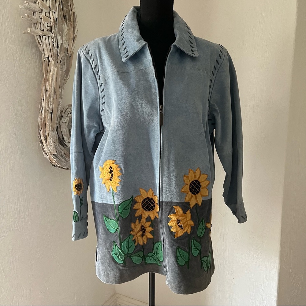 Suede Leather Barn Jacket L Blue Sunflowers Whipstitch Fall Boho Chore Quacker - Picture 1 of 16